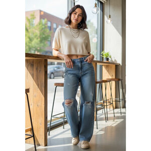 RFM Blue Distressed Wide Leg Jeans Size 28